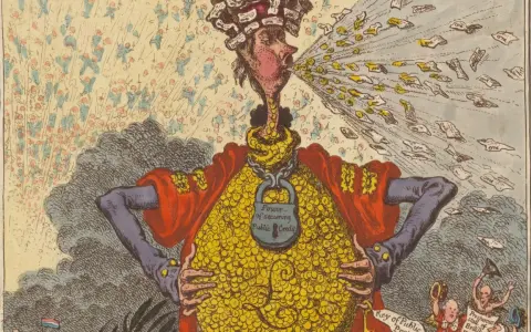 A satirical cartoon, one of many funny famous paintings, depicts a figure spewing coins and banknotes, his body a vault of gold, chained with "Public Credit.