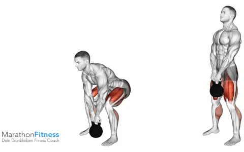 Mann hebt Kettlebell vom Boden. Übung: Kettlebell Deadlift.