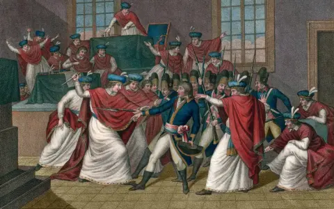 Napoleon Bonaparte im Zentrum, umgeben von Soldaten und Männern in roten Umhängen. Eine Szene des Staatsstreichs, die Machtübernahme wird dargestellt.