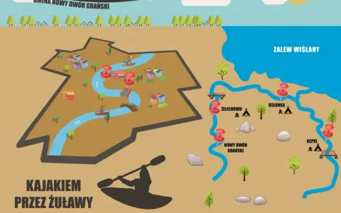Mapa szlaków kajakowych w Gminie Nowy Dwór Gdański, ukazująca rzekę Tuga, przystanie i miejsca biwakowe.