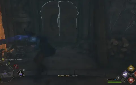 Un mago busca el yelmo de Urtkot en una tumba oscura. Un hechizo azul sale de su varita hacia un objeto.