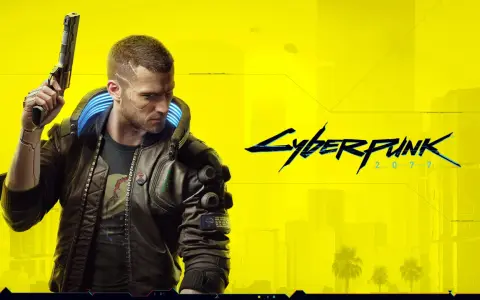 Un hombre con implantes cibernéticos y una chaqueta de cuero sostiene un arma. El logo de Cyberpunk 2077 aparece a la derecha. Ideal para tu **guía trofeos Cyberpunk 2077**.