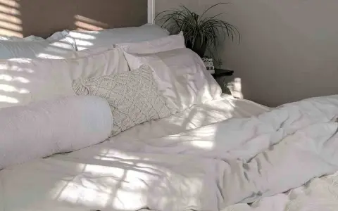 Cama blanca con luz solar filtrada. Aprende como lavar un edredón de plumas para mantenerlo esponjoso.