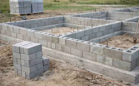 Fundament domu z pustaków betonowych. Różne rodzaje betonu i materiałów budowlanych na placu budowy.