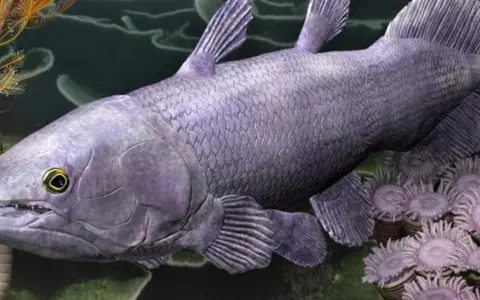 Un antico celacanto pesce, con scaglie violacee e pinne lobate, nuota tra anemoni marini e crinoidi.