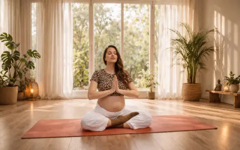 Schwangere Frau in Meditationshaltung auf einer Matte. Sanftes Licht und Pflanzen schaffen eine Atmosphäre der Entspannung in der Schwangerschaft.
