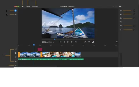 Edycja wideo w Adobe Premiere Rush: montaż ujęć z łodzi na tle wysp.