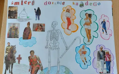 Szkielet z kosą, symbol danse macabre, otoczony ludźmi w różnym wieku i zawodach, od rycerza po sportowców i starszą parę.