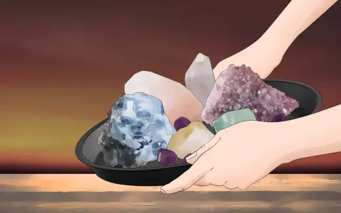 Manos sostienen un plato con cristales de colores, listos para limpiar piedras con sal en luna llena.