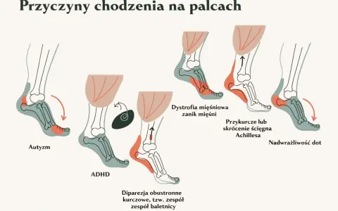 Ilustracja pokazuje przyczyny chodzenia na palcach, w tym autyzm, ADHD, dystrofię mięśniową, przykurcze ścięgna Achillesa i nadwrażliwość dotykową.