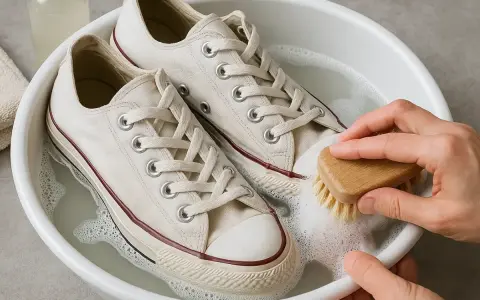 Manos limpian zapatillas blancas con cepillo en agua jabonosa. Aprende como lavar zapatillas blancas y que no queden amarillas.