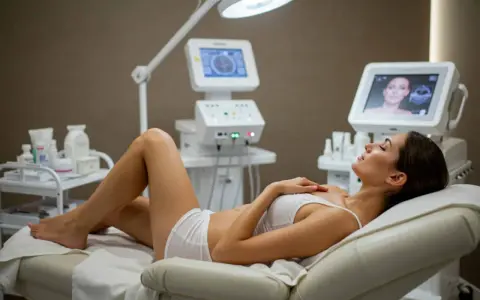 Femme détendant dans un institut de beauté, profitant d'un soin minceur avec des appareils high-tech.