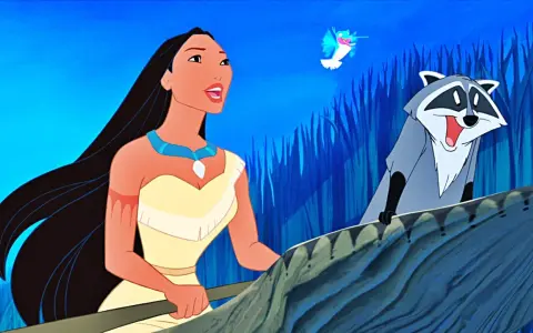 Pocahontas i jej przyjaciel Meeko w łodzi, jak w klasycznych bajkach Disneya. Kolorowy ptak lata nad nimi.