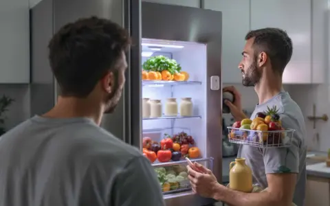 Deux hommes devant un frigo rempli de fruits et légumes. L'un tient une corbeille de fruits, l'autre un téléphone. Mon frigo ne refroidit plus mais congélateur fonctionne.