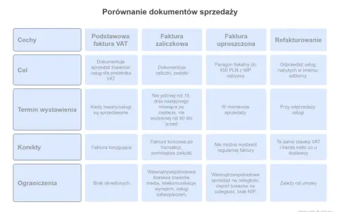 Tabela porównuje dokumenty sprzedaży, uwzględniając cel, termin wystawienia i ograniczenia, co wpływa na **datę powstania obowiązku podatkowego**.