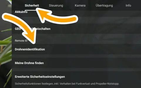 Sicherheitseinstellungen: Akkuinfo, GEO, Remote ID, Drohnenidentifikation. Hier wird die drohne id konfiguriert.