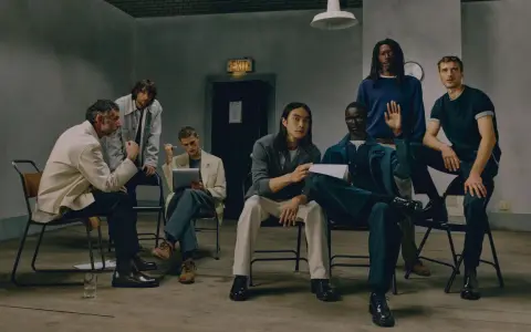 Grupo de hombres con un look business casual, sentados y de pie en una sala con un letrero de "EXIT".