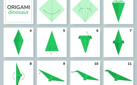 Instrucciones paso a paso para crear un **papiroflexia dinosaurio** verde. El diagrama muestra 11 pasos con flechas indicando los pliegues.