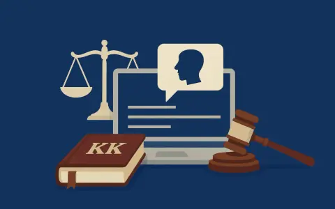 Prawo i sprawiedliwość w erze cyfrowej. Ilustracja przedstawia wagę, księgę z napisem "KK" i komputer z dymkiem, symbolizującym dyskusję. Czy to zniesławienie co to?