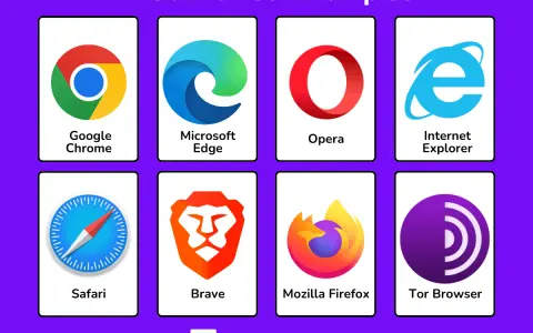 Przeglądarki internetowe lista: Google Chrome, Microsoft Edge, Opera, Internet Explorer, Safari, Brave, Mozilla Firefox, Tor Browser.