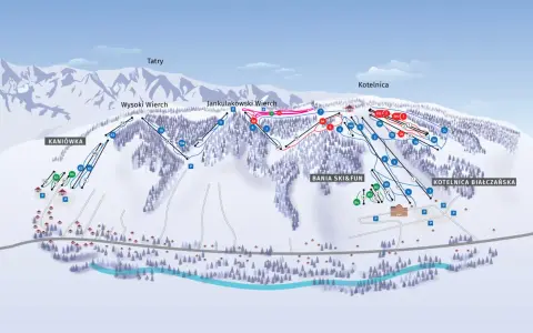 Mapa ośrodka narciarskiego Kotelnica Białczańska z trasami i wyciągami. Widać stoki Kaniówki, Wysokiego Wierchu, Jankulakowskiego Wierchu i Kotelnicy.