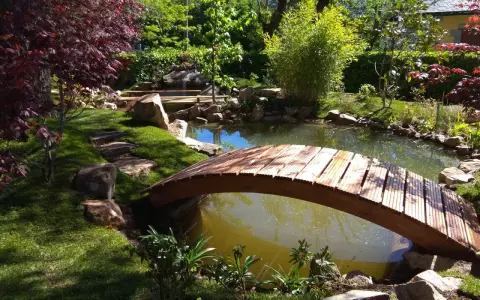 Un puente de madera cruza un estanque, parte de un jardín japonés. Pasos de piedra invitan a explorar.