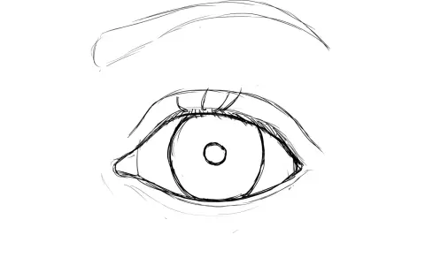 Un croquis au crayon d'un œil ouvert, avec un sourcil arqué au-dessus.