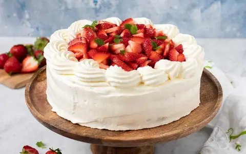 En vacker jordgubbsmousse tårta med fluffig grädde och färska jordgubbar, perfekt för sommarens firanden.