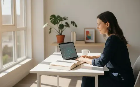 Kobieta pracuje przy laptopie, na ekranie schemat. Obok otwarta książka i kubek. Zastanawia się, studia podyplomowe co to?