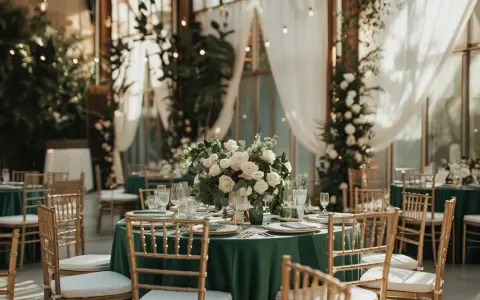 Tables dressées de vert profond, couleur du renouveau, ornées de roses blanches. Chaises dorées et lumières douces créent une ambiance festive.
