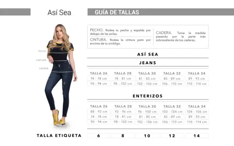 Guía de tallas para jeans. La talla 32 equivale a 85-89 cm de cintura y 106-110 cm de cadera.