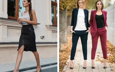 Eleganckie outfit do biura: czarna spódnica z zamkiem i biała bluzka, lub granatowy i bordowy garnitur.