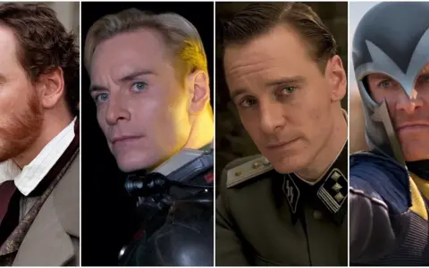 Michael Fassbender i olika roller: en man med rött skägg, en futuristisk karaktär, en militär och Magneto.