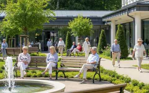 Seniorzy odpoczywają w pięknym ogrodzie przy sanatorium. Zastanawiasz się, ile kosztuje pobyt w sanatorium?