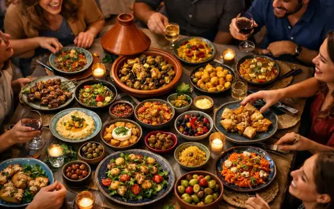 Un joyeux repas d'été entre amis, avec une table débordante de plats variés : brochettes, salades, tajine, houmous et fruits.