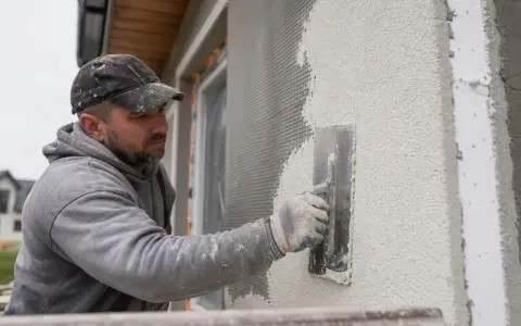 Budowlaniec nakłada tynk silikatowo silikonowy na elewację, używając kielni. Siatka zbrojeniowa jest widoczna pod świeżą warstwą.