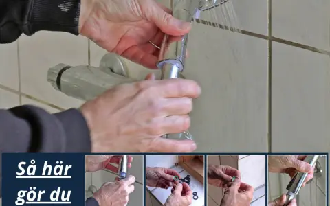 Händer som byter duschslang. En person håller i en duschslang och en kran. Flera små bilder visar steg för steg hur man gör.