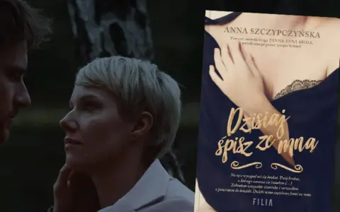Para patrzy sobie w oczy, obok okładka książki "Dzisiaj śpisz ze mną".