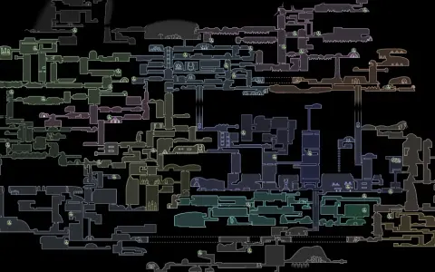 Mapa detallado de Hallownest, mostrando todas las áreas y caminos explorables. Aquí se encuentran todas las larvas Hollow Knight, esperando ser descubiertas.