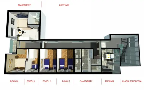 Rzut budynku zamieszkania zbiorowego: apartament, cztery pokoje, sanitariaty, kuchnia i klatka schodowa.