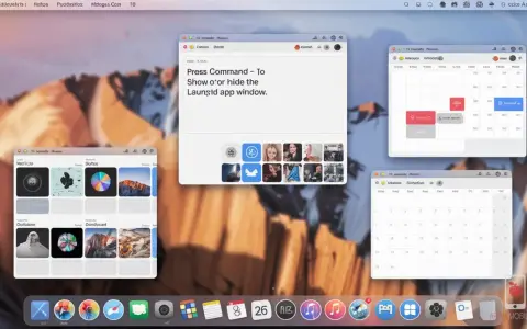 Screen shot MacBook z otwartymi oknami aplikacji: notatnik, kalendarze i galeria zdjęć.