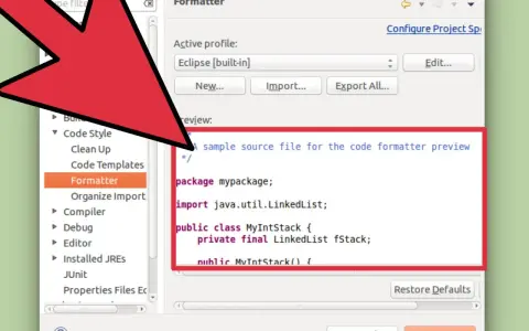 Eclipse-Code-Formatierung im Dark Mode, mit Code-Vorschau.