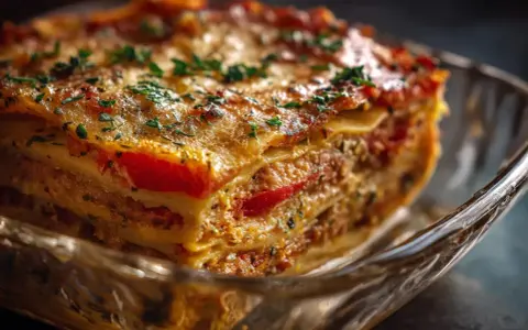 En saftig vegetarisk lasagne med lager av pasta, tomatsås och ost, toppad med färska örter.