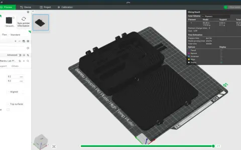 Drukarka 3D z dyszą 0.8 mm, przygotowująca do druku czarny, złożony model. Ustawienia jakości druku, takie jak wysokość warstwy 0.2 mm, są widoczne.