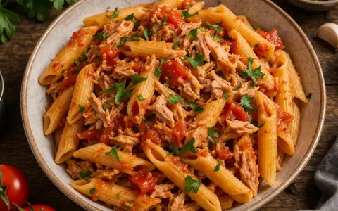 Penne z tuńczykiem i pomidorami, posypane natką pietruszki. Obok puszka tuńczyka, pomidory i czosnek.