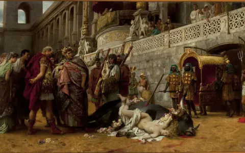 Scena z antycznego Rzymu, gdzie widzimy triumfującego wodza i ofiarę z byka. Obraz ten to przykład bogatych polskich obrazów historycznych.