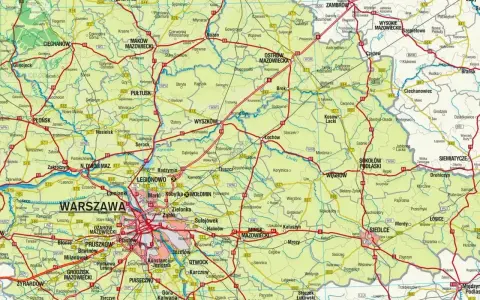 Mapa drogowa województwa warszawskiego z zaznaczonymi miastami i drogami.