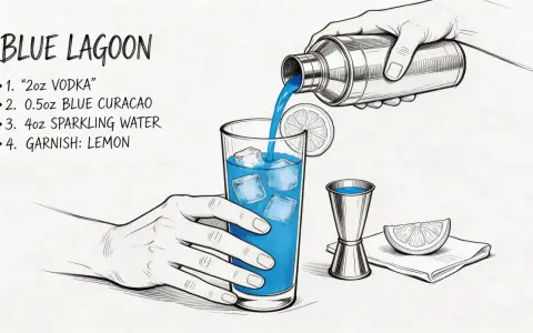 Niebieski alkohol, czyli Blue Lagoon, jest przelewany z shakera do szklanki z lodem. Obok leży cytryna i miarka barmańska.