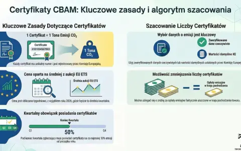 CBAM: 1 certyfikat to 1 tona CO2. Cena oparta na aukcjach EU ETS. Obowiązek posiadania certyfikatów kwartalnie. Możliwość zniżki za opłaty emisyjne.