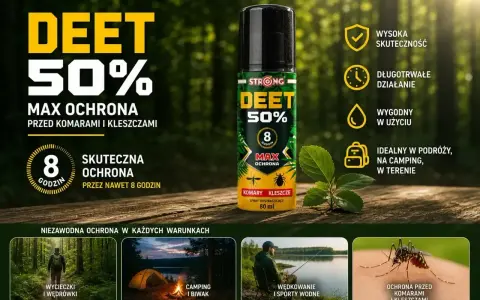Spray DEET 50% to max ochrona przed komarami i kleszczami, działający do 8 godzin. Idealny na wycieczki, camping i wędkowanie.